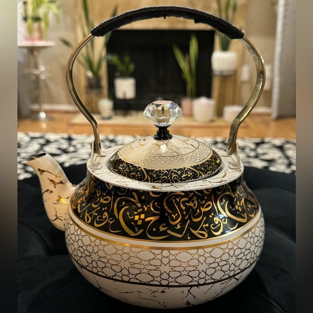 Ornate Unique Arabic Style Tea Kettle Black Cream Gold Patterned Vintage Look - Picture 13 of 16